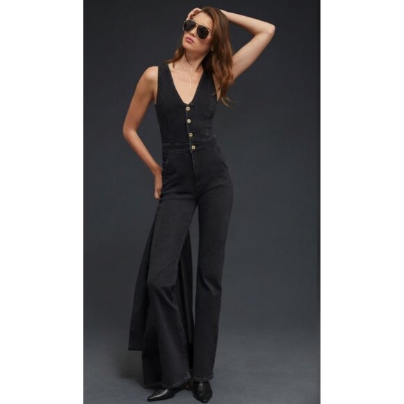 Anthropologie Pants - Anthropologie Button Down Denim Jumpsuit Womens 4 Black Flare 70s Retro Bohemian